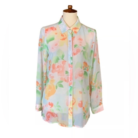J. Jill Tops - J Jill floral pastel sheer long sleeve button down blouse